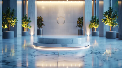 The photo shows a marble podium with plants on either side.