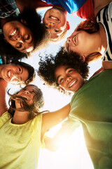 Happy, huddle and circle of children in park for bonding, playing and fun together outdoors....