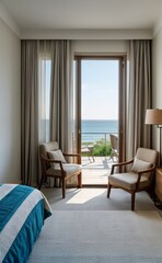 Fototapeta premium Relaxing Seaside Bedroom with Ocean View