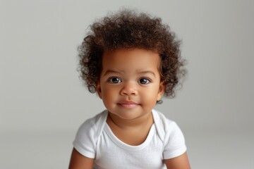 Naklejka premium Adorable Toddler with Curly Hair Wearing White Onesie on Neutral Background