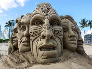 Colorful sand sculptures on beach, intricate details, under clear blue sky, capturing artistic creativity.