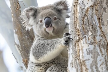 calm koala climbing a eucalyptus tree in white background