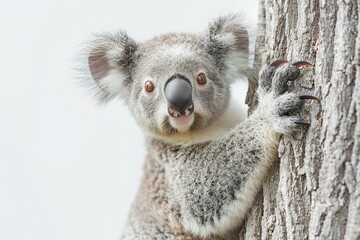 Obraz premium calm koala climbing a eucalyptus tree in white background