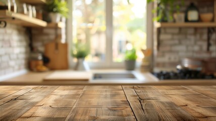 Empty beautiful wood table top counter and blur bokeh modern kitchen interior background in clean and bright