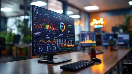 A high-definition monitor in an educational setting displaying interactive displays of student progress charts and educational data.