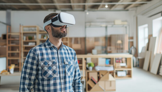Individual in VR headset standing in creative space