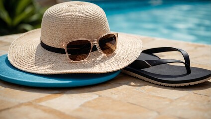 Flip flops, sunglasses, big women's hat, flowers, cell phone, arranged near the pool with clear water
