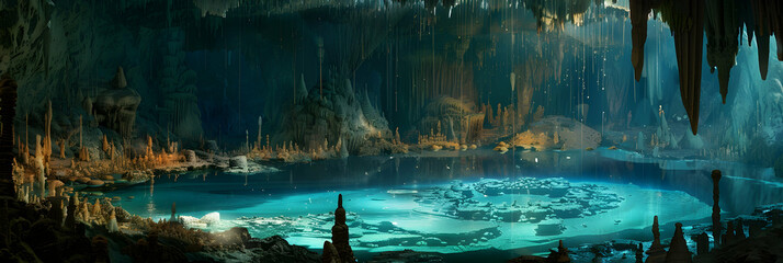 An expansive view of a large aquifer opening, with a pool of azure water surrounded by stalactites and stalagmites