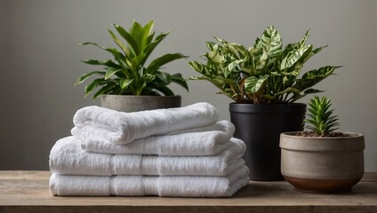 White towels stacked next to potted plants