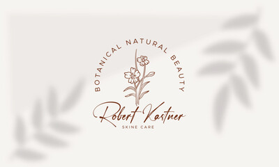 Floral element Botanical Hand Drawn Logo with Wild Flower and Leaves. Logo for spa and beauty salon, boutique, organic shop, wedding, floral designer, interior, photography, cosmetic
