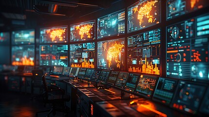 A high-tech air traffic control station with multiple monitors arrayed to display comprehensive flight and airport data, including radar images and logistical information.