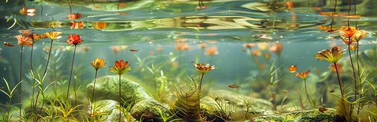 An intimate look at the ecosystem of an aquifer, focusing on the delicate aquatic plants and small fish thriving in the clear water