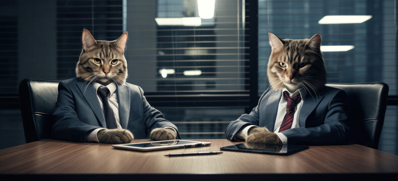 Two Maine Coon Cats Dressed For Business Meeting. Corporate Negotiation. Generative AI