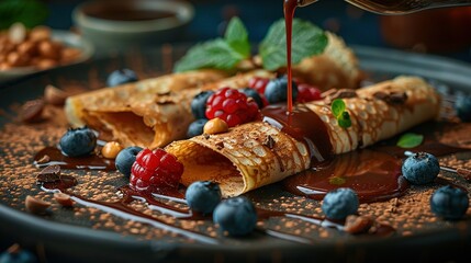   Topped with chocolate sauce, this plate features crepes layered with fresh raspberries,...