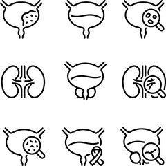 Pixel perfect icon set of urology urinary system anatomy organ health medical care. Thin line icons flat vector illustrations isolated on white and transparent background