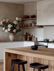 Modern kitchen design featuring a wooden breakfast bar, black stools, and a vase of pink roses, complemented by neutral-toned cabinetry and open shelving