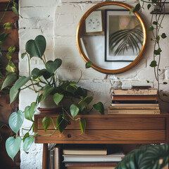 A close up of  an interior with mid century furniture and vintage side table.