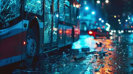 broken glass of a bus after an accident on road at night