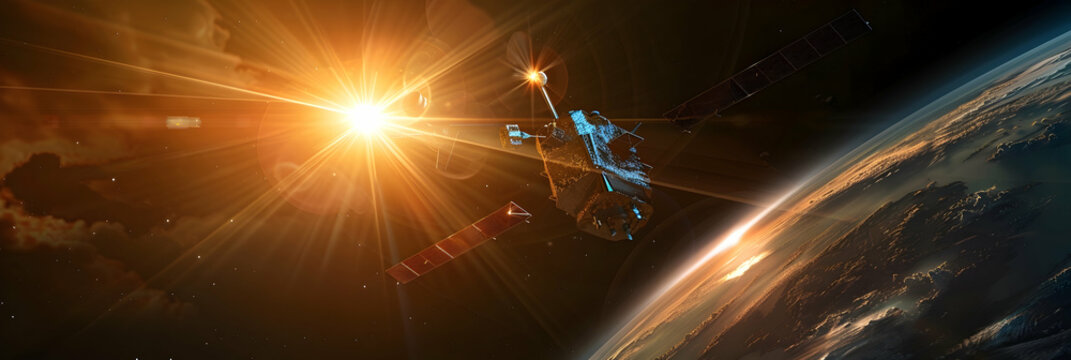 An ultra HD image of a satellite passing through the upper layers of the thermosphere, detailed against the Earth's limb - Powered by Adobe