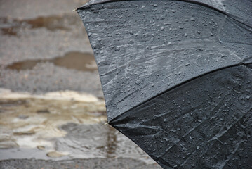 umbrella wet from rain close-up. black umbrella with raindrops close-up. blurred background....