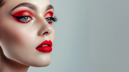Fototapeta premium Fashion portrait of a young model with bright makeup and stylish hairstyle posing on a light gray background. Bright woman with makeup indoors. Beauty and fashion concept.