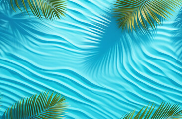 Fototapeta premium Aqua waves and coconut palm shadow on blue background. Water pool texture top view.Tropical summer mockup design. Luxury travel holiday. 3d render 