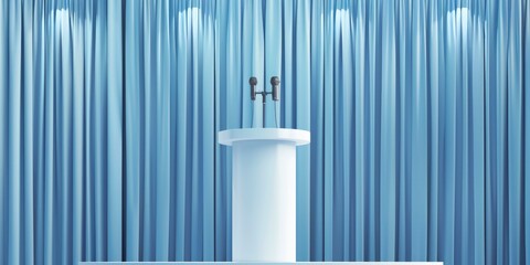 Obraz premium A podium with microphones against the background of blue curtains.