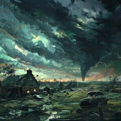 A powerful tornado in the distance, destroying houses and cars on its path,the sky is dark with swirling clouds.