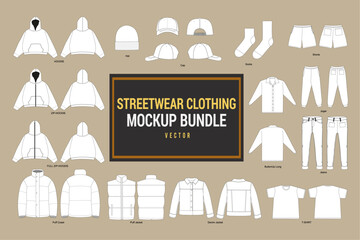 Streetwear Clothing Vector Mockup Pack Techpack Vector Apparel Mockup Collection Fashion Illustrator Vector Tech Pack Men's T-shirt Trucker Hoodie Joggers Jacket Short Sweater Pant Design Template