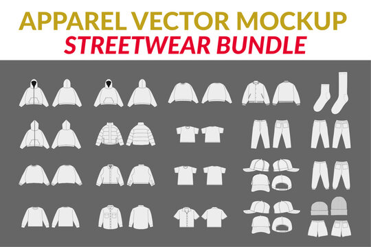 Vector Apparel Mockup Set Collection Streetwear Vector T-shirt Trucker Hoodie Joggers Jacket Short Sweater Pant Mockup Design Template Sock Shorts Hat Tee Work Jacket Pant Vector Illustration Set CAD