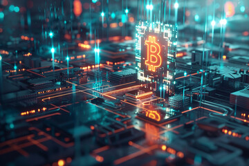 Fototapeta premium A futuristic representation of bitcoin as a glowing digital currency, floating in a virtual space