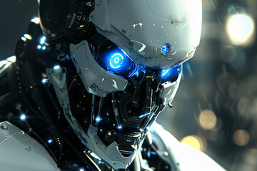 Fototapeta premium A futuristic robot with glowing blue eyes