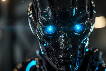 A futuristic robot with glowing blue eyes