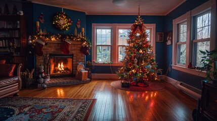 A cozy living room with a fireplace and a Christmas tree. The room is decorated with Christmas...