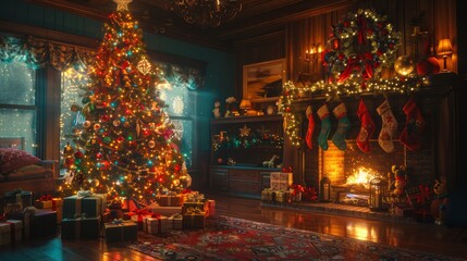 A Christmas tree is lit up in a cozy living room. The room is decorated with many presents and other festive items. Scene is warm and inviting, perfect for the holiday season