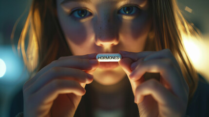 girl holding a pill with hormones in her hand
