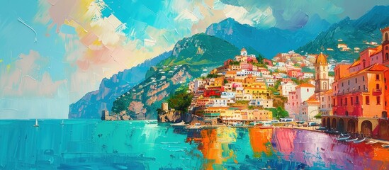 Colored paintings of lakes and mountain cities
