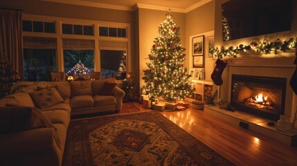 A cozy living room with a Christmas tree and a fireplace. The room is lit up with Christmas lights, creating a warm and inviting atmosphere