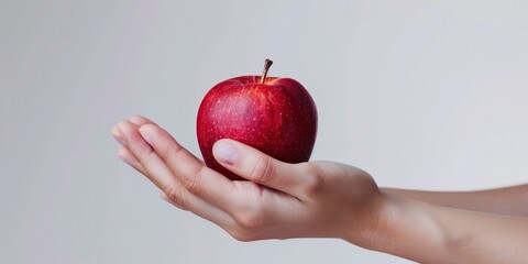 Close up of hands holding a red apple against a white background