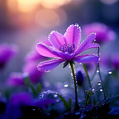 landscape of a purple flower covered with dew drops 