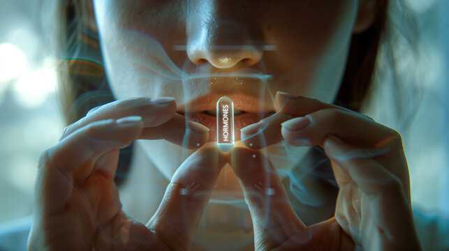 girl holding a pill with hormones in her hand

