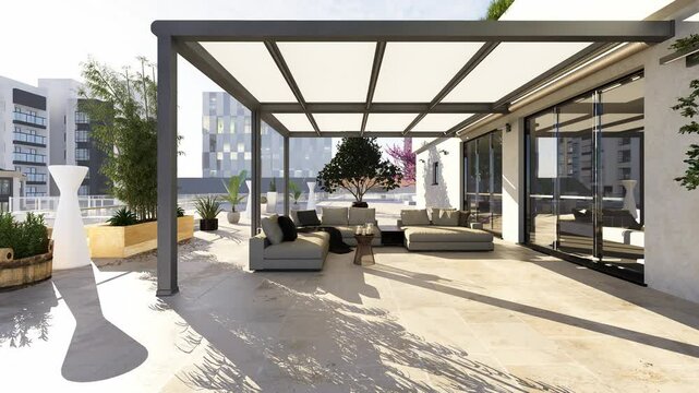 3D render of luxury top floor urban apartment patio with bioclimatic pergola. Outdoor furniture with city view in background. Zoom shot.