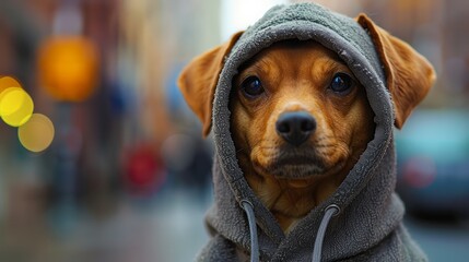 A dog is wearing a hoodie and looking at the camera. The dog is brown and he is a small breed. The...