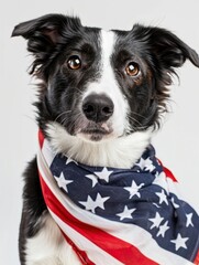 A dog wearing an american flag scarf looking at camera isolated on white background.