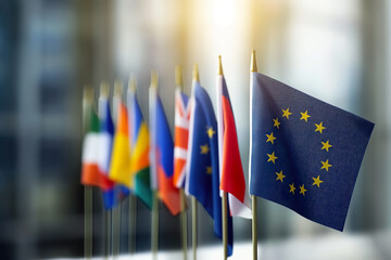 A lineup of various national flags and a European Union flag side by side.