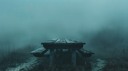 A wooden picnic table is sitting in a field with foggy weather. The table is empty and covered in rain. Scene is somber and quiet, as the table seems to be abandoned and forgotten