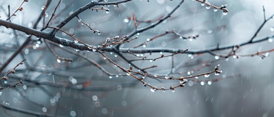 Tree branches with water droplets blurry background