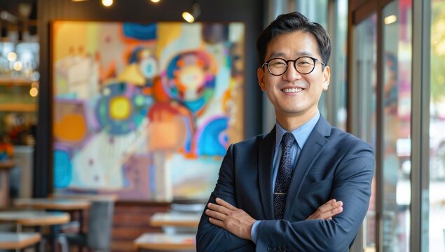 Korean man with smiling face standing in suit and arm crossed with restaurant, colourful art board background
