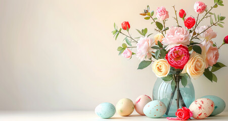 Rose and Sun Flowers in Vase, Easter Eggs on light ivory Background