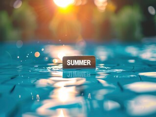 The word SUMMER is written in white letters on a blurred background of a swimming pool
